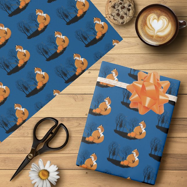 Autumn Red Fox Pumpkins Woodland Fall Blue Wrapping Paper (Creator Uploaded)