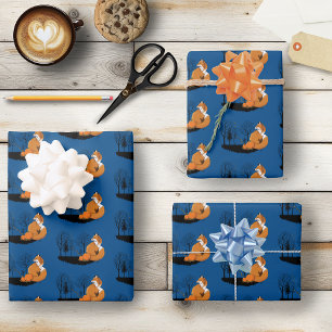 Autumn Red Fox Pumpkins Woodland Fall Blue Wrapping Paper Sheets