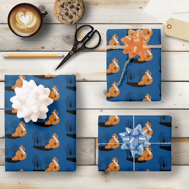 Autumn Red Fox Pumpkins Woodland Fall Blue Wrapping Paper Sheets (Creator Uploaded)