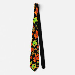 Autumn red green orange leaves maple leaves neck tie