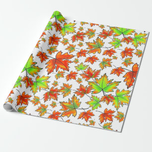 Autumn red green orange leaves maple leaves wrapping paper