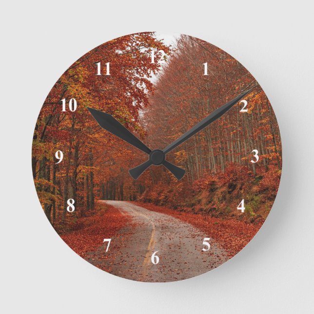 Autumn Red Leaves Road Photo Round Clock (Front)