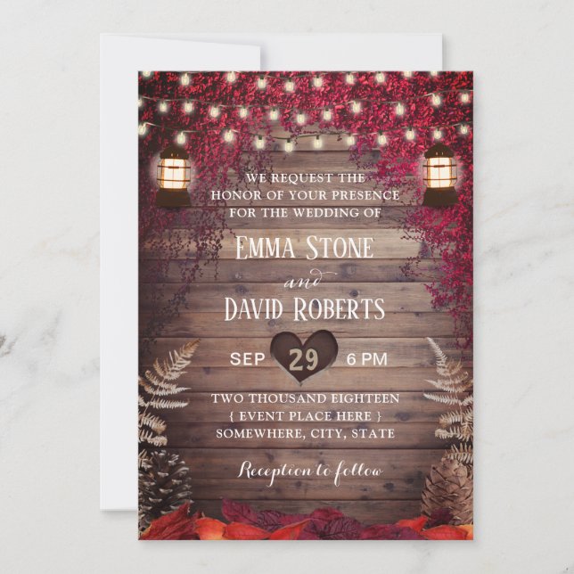 Autumn Red Leaves Rustic Lantern Fall Wedding Invitation (Front)