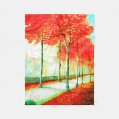 Autumn Red Leaves Trees Way Scenic Art Fleece Blanket