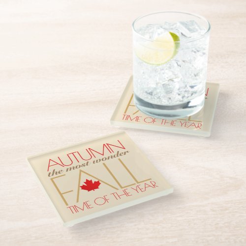 Autumn Red Leaves Word Art Wonder Fall  Glass Coaster
