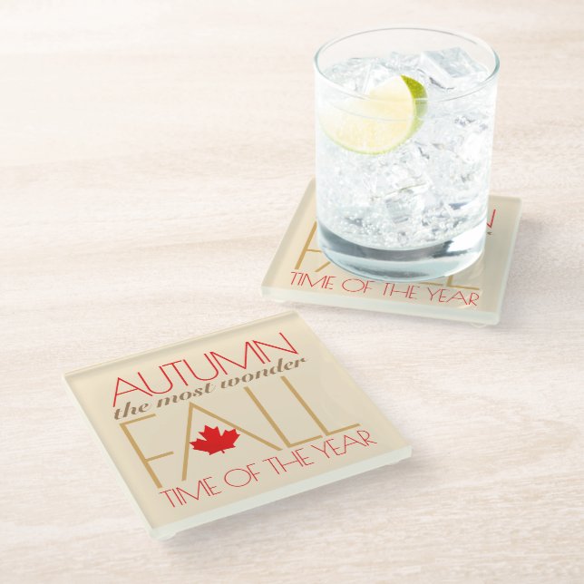 Autumn Red Leaves Word Art Wonder Fall ... Glass Coaster (Angled)