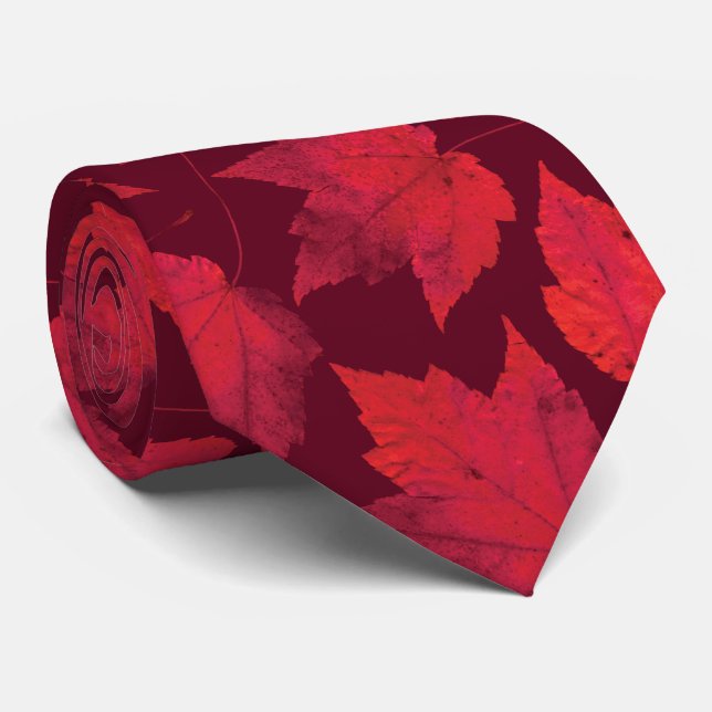 Autumn Red Maple Leaves Neck Tie (Rolled)