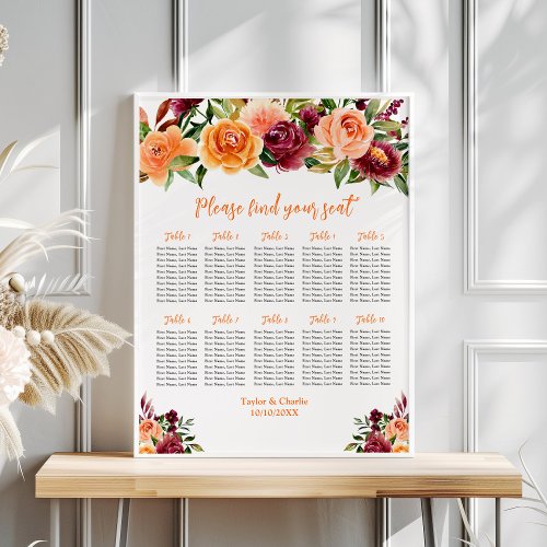 Autumn Red Orange Wedding 10 Tables Seating Chart