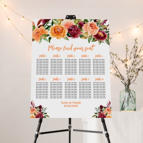 Autumn Red Orange Wedding 10 Tables Seating Chart Foam Board