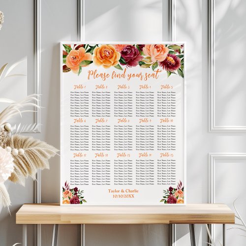 Autumn Red Orange Wedding 15 Tables Seating Chart