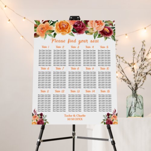 Autumn Red Orange Wedding 15 Tables Seating Chart Foam Board