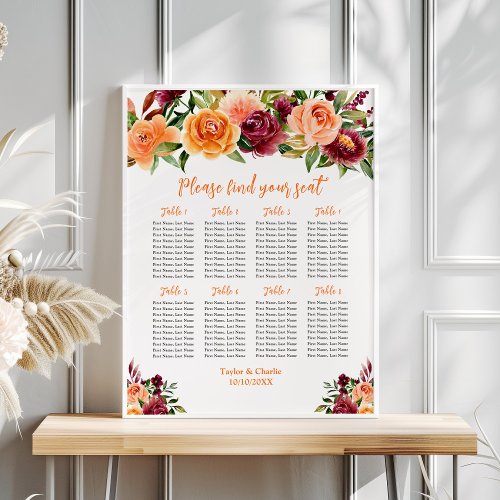 Autumn Red Orange Wedding 8 Tables Seating Chart