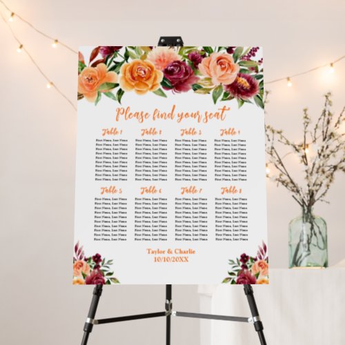 Autumn Red Orange Wedding 8 Tables Seating Chart Foam Board