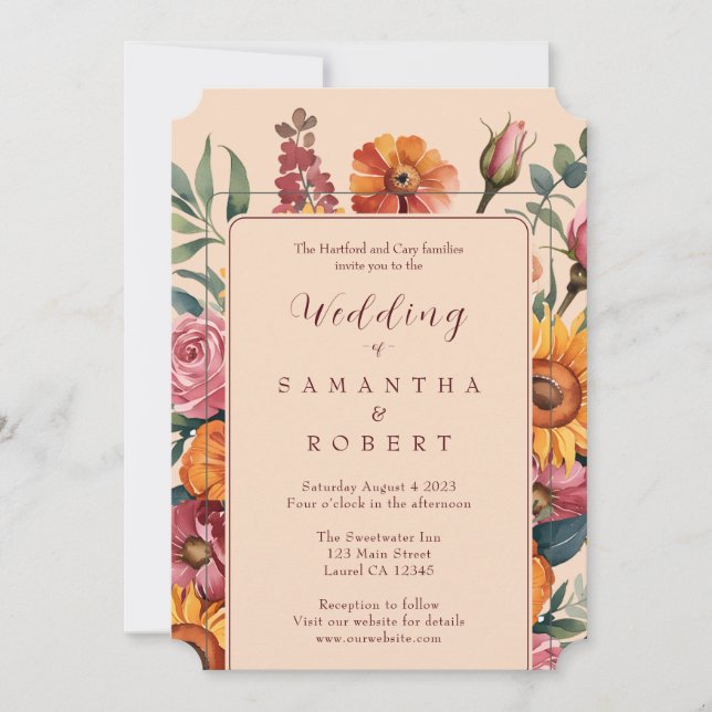Autumn Reds Golds Floral Border Fall Wedding Invitation (Front)