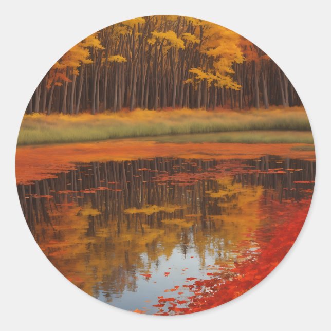 Autumn Reflections A Serene Lake Classic Round Sticker (Front)