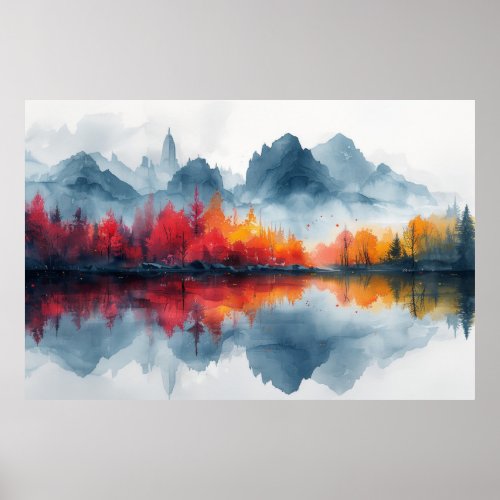 Autumn Reflections Misty Lake Panorama Poster