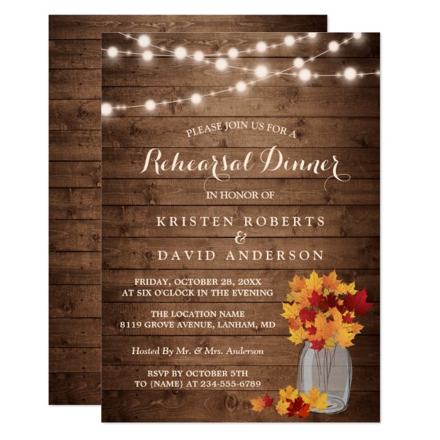 Autumn Rehearsal Dinner Rustic Wood String Lights Invitation