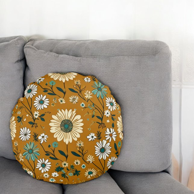 Autumn Retro Boho Mustard Flowers Pattern Round Pillow (Creator Uploaded)