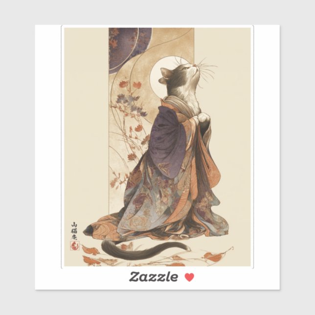 "Autumn Reverie" Japanese Cat in Kimono Art Sticker (Sheet)