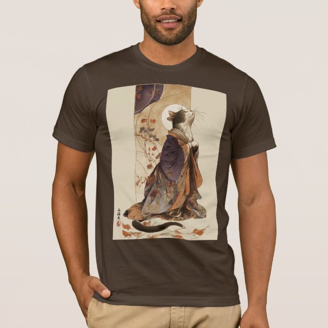 "Autumn Reverie" Japanese Cat in Kimono Art T-Shirt (Front)