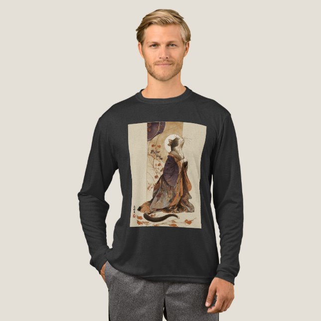 "Autumn Reverie" Japanese Cat in Kimono Art Tri-Blend Shirt (Full Front)