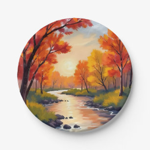 Autumn River Fall Foliage Nature Watercolor Paper Plates