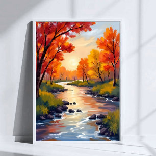 Autumn River   Fall Foliage Nature Watercolor Poster