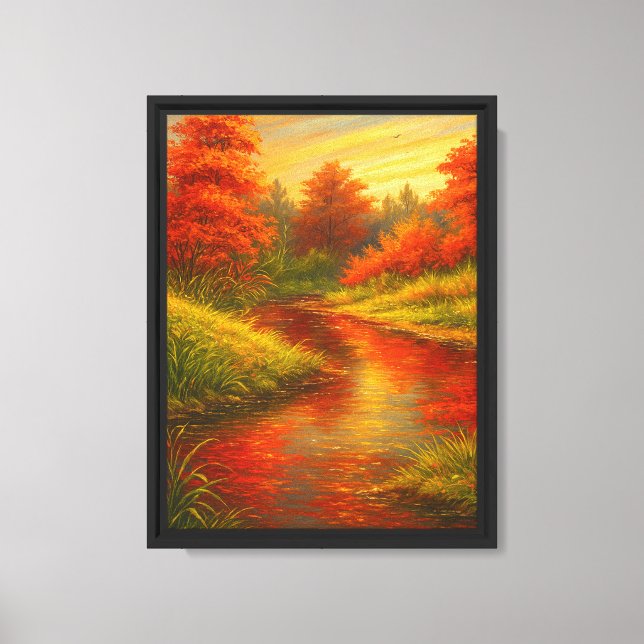 Autumn River Glow with Fiery Red Trees Canvas Print (Front)
