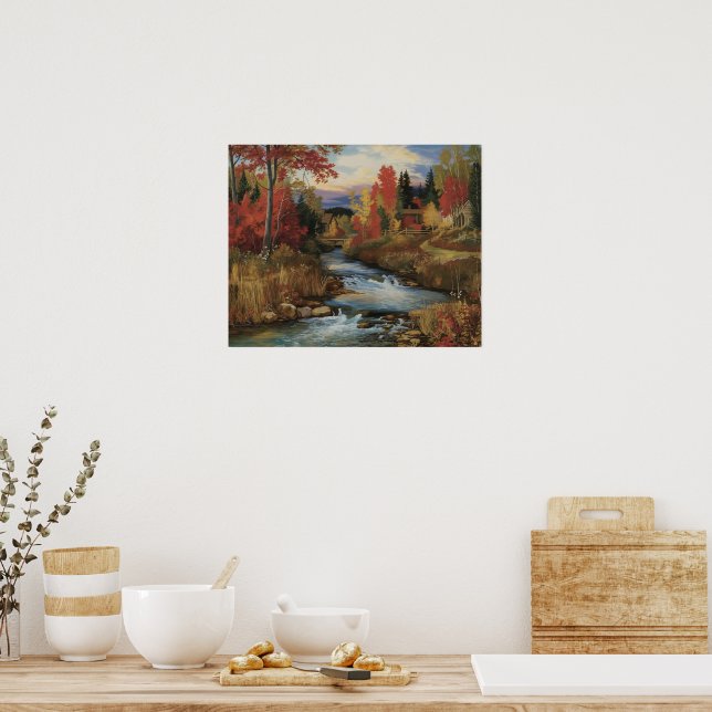 Autumn River Landscape Oil Painting  Poster (Kitchen)