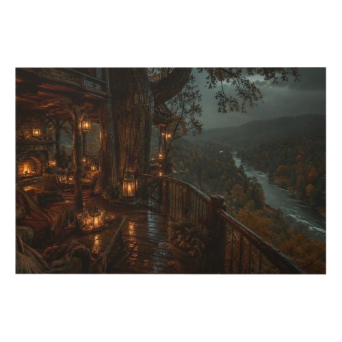 Autumn River Lodge Balcony Wood Wall Art