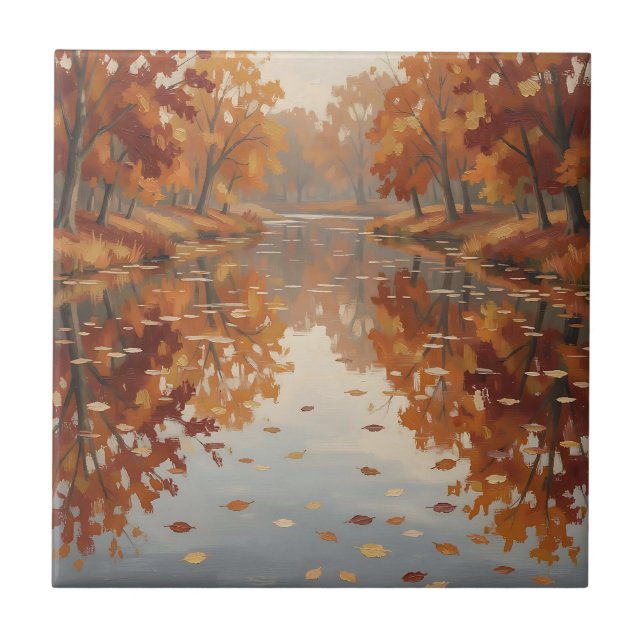 Autumn River Reflection Orange Trees Fall  Ceramic Tile (Front)