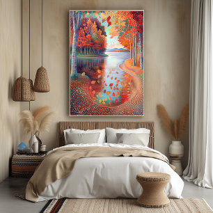 Autumn River Scene in Pointillist Style Poster