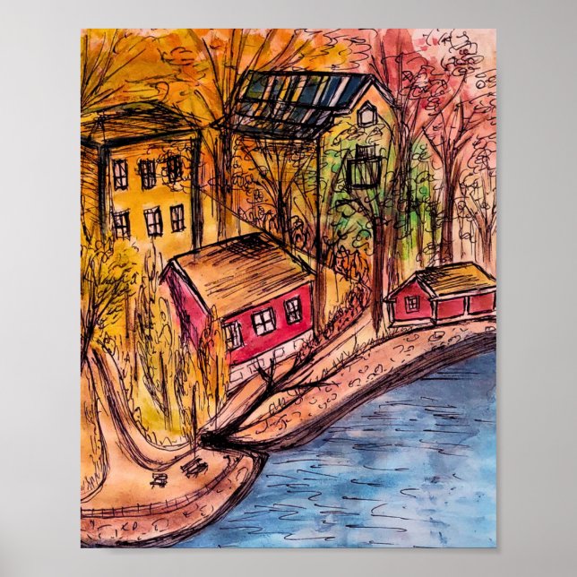 Autumn Riverside Art – Cozy Fall Illustration Poster (Front)