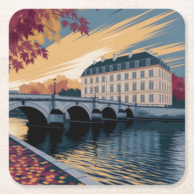 Autumn Riverside European City Illustration Art Square Paper Coaster (Front)