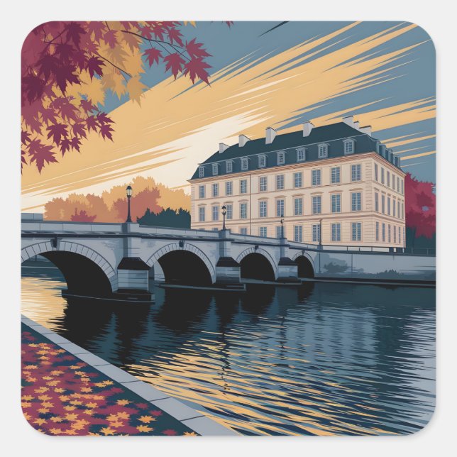 Autumn Riverside European City Illustration Art Square Sticker (Front)