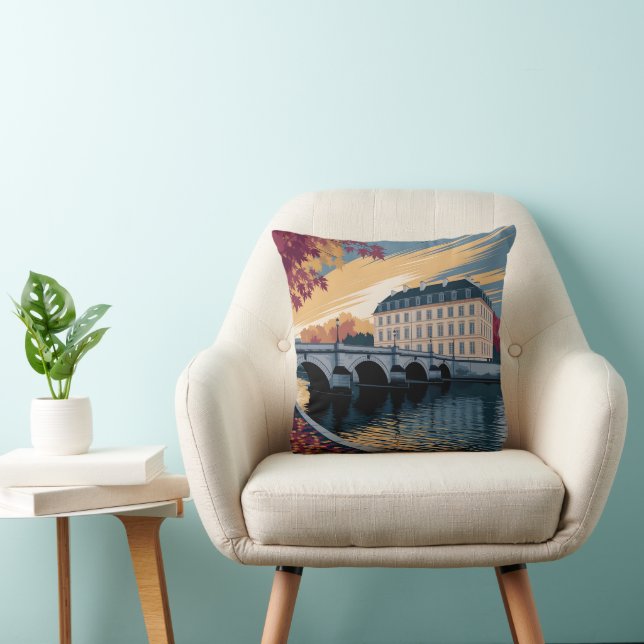 Autumn Riverside European City Illustration Art Throw Pillow (Chair)