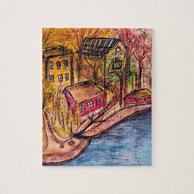 Autumn Riverside Puzzle – Cozy Fall Illustration  (Vertical)