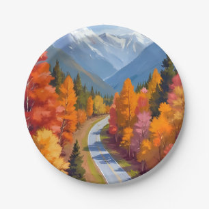 Autumn Road Fall Foliage Watercolor Nature Paper Plates