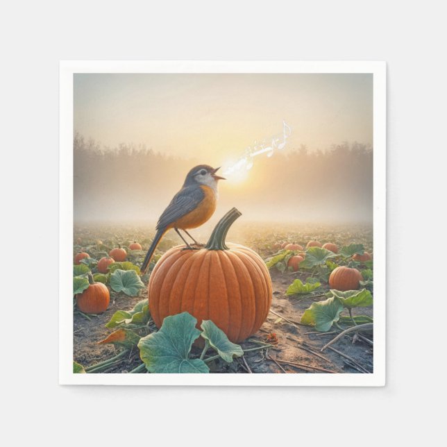 Autumn Robin Singing On a Pumpkin Napkins (Front)