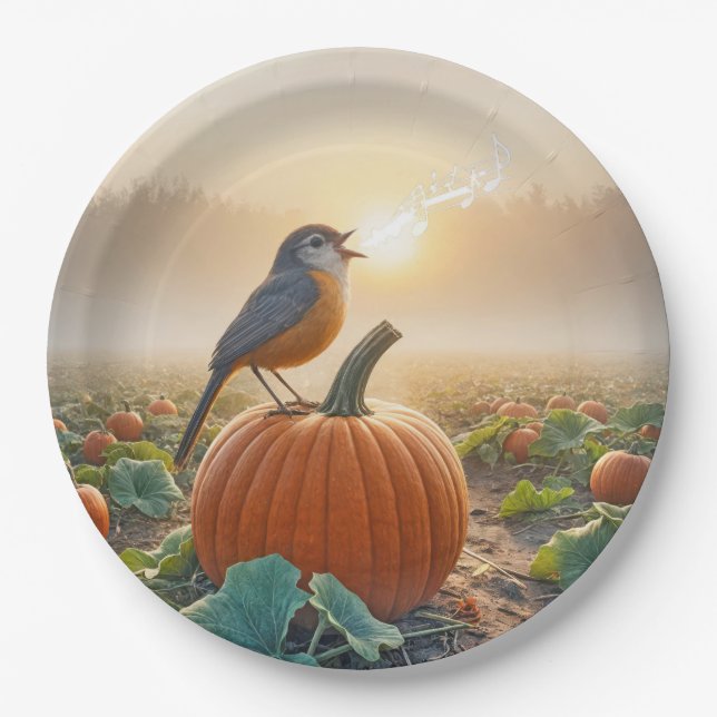 Autumn Robin Singing On a Pumpkin Paper Plates (Front)