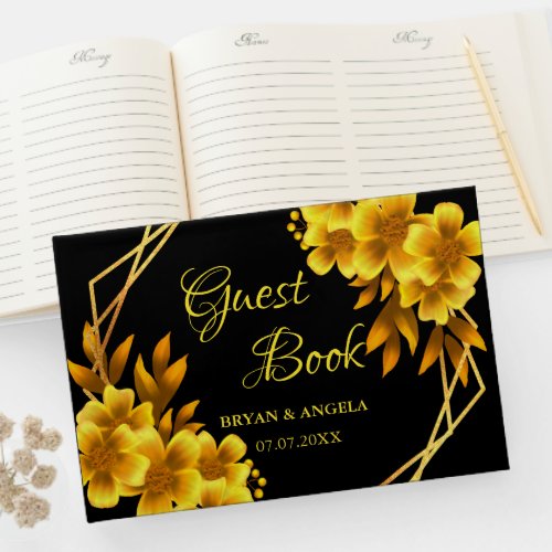 Autumn romance black  gold floral geometric fall guest book