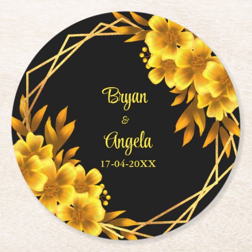 Autumn romance black  gold floral geometric fall round paper coaster