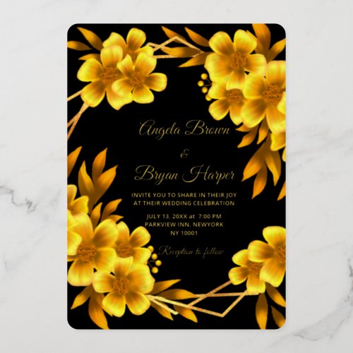 Autumn romance black  gold floral geometric frame foil invitation