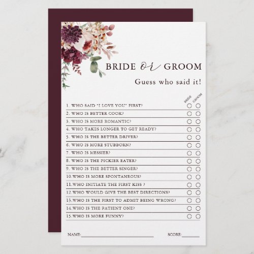 Autumn Romance Bride or Groom Bridal Shower Game 