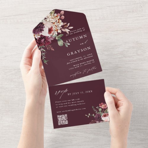 Autumn Romance Burgundy Floral Wedding QR Code All In One Invitation