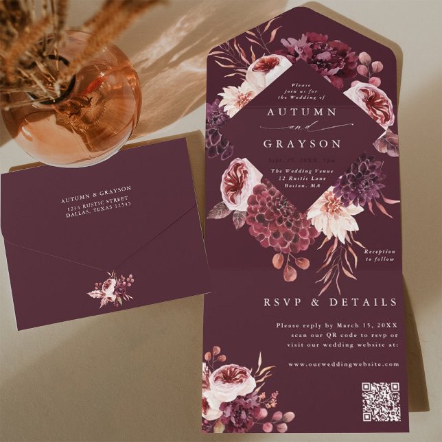 Autumn Romance Burgundy Floral Wedding QR Code All In One Invitation (Inside & Back)