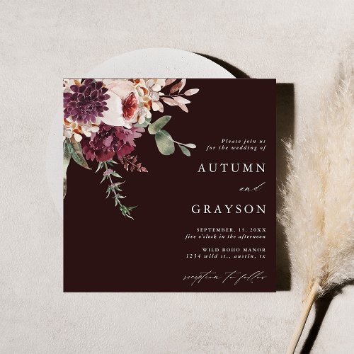 Autumn Romance Burgundy Floral Wedding Square Invitation