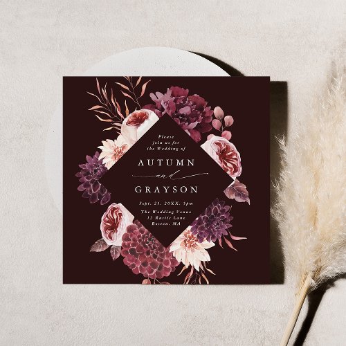 Autumn Romance Burgundy Floral Wedding Square  Invitation