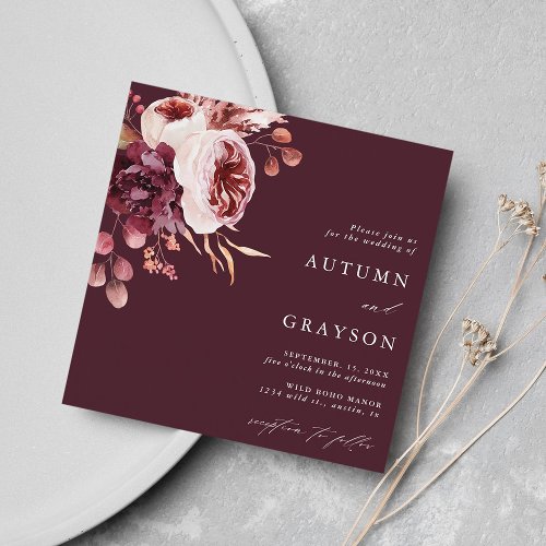 Autumn Romance Burgundy Floral Wedding Square  Invitation
