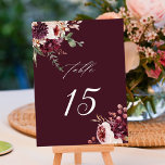 Autumn Romance Burgundy Floral Wedding Table Number<br><div class="desc">This wedding table number features watercolor flower bouquets of dahlias,  garden roses,  and peony in burgundy red,  maroon,  blush pink over fall leaves. For more advanced customization of this design,  please click the BLUE DESIGN TOOL BUTTON. Matching items are also available.</div>
